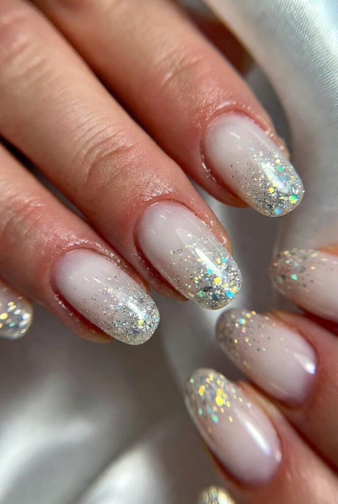 Opaque White with Glitter Ombré Tips