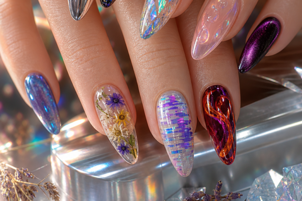 A stunning macro close-up of the most trendsetting nails inspo ideas for 2026 featuring glass skin nails, holographic foil tears, liquid silver mirror chrome, velvet cat eye, oil slick iridescent black, and pressed botanical designs on elegantly manicured hands for bold and unique nail art inspiration.