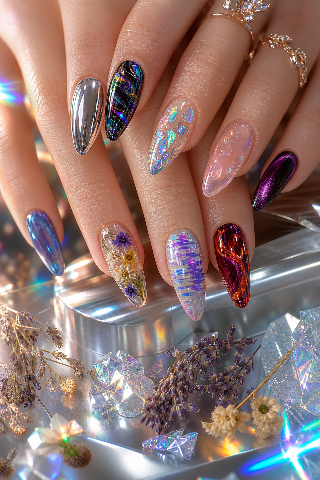 A stunning macro close-up of the most trendsetting nails inspo ideas for 2026 featuring glass skin nails, holographic foil tears, liquid silver mirror chrome, velvet cat eye, oil slick iridescent black, and pressed botanical designs on elegantly manicured hands for bold and unique nail art inspiration.