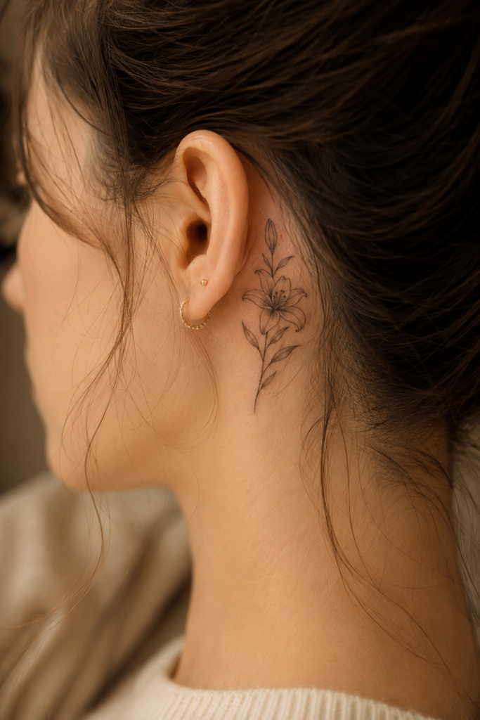 Small Lily Flower Tattoo Behind the Ear