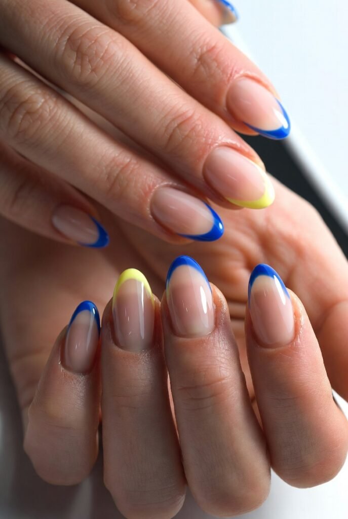 9. Try a Reverse French Manicure in Yellow and Blue