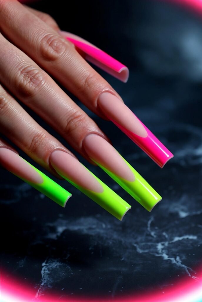 Extra-Long Coffin Nails with Neon French Tips