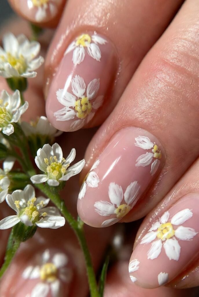 Rosy Nude with Hand-Painted Daisy Clusters