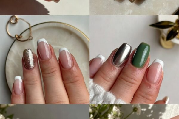 Reverse French manicure designs featuring chic half-moon crescents in glitter, chrome, and pastel tones for modern, elegant nail art inspiration.