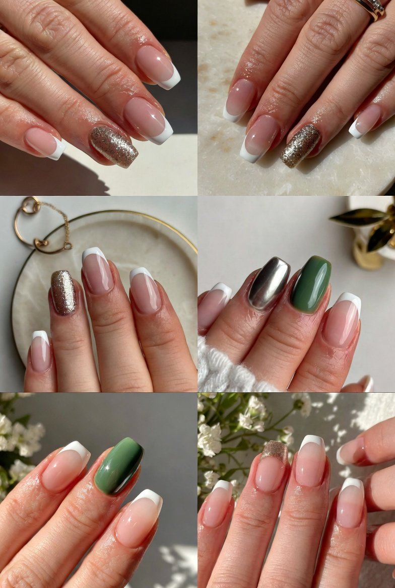 Reverse French manicure designs featuring chic half-moon crescents in glitter, chrome, and pastel tones for modern, elegant nail art inspiration.