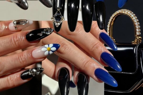 Kylie Jenner Nails Ideas featuring glossy chrome, matte black, and glam crystal accents for chic, trendsetting manicure inspiration.
