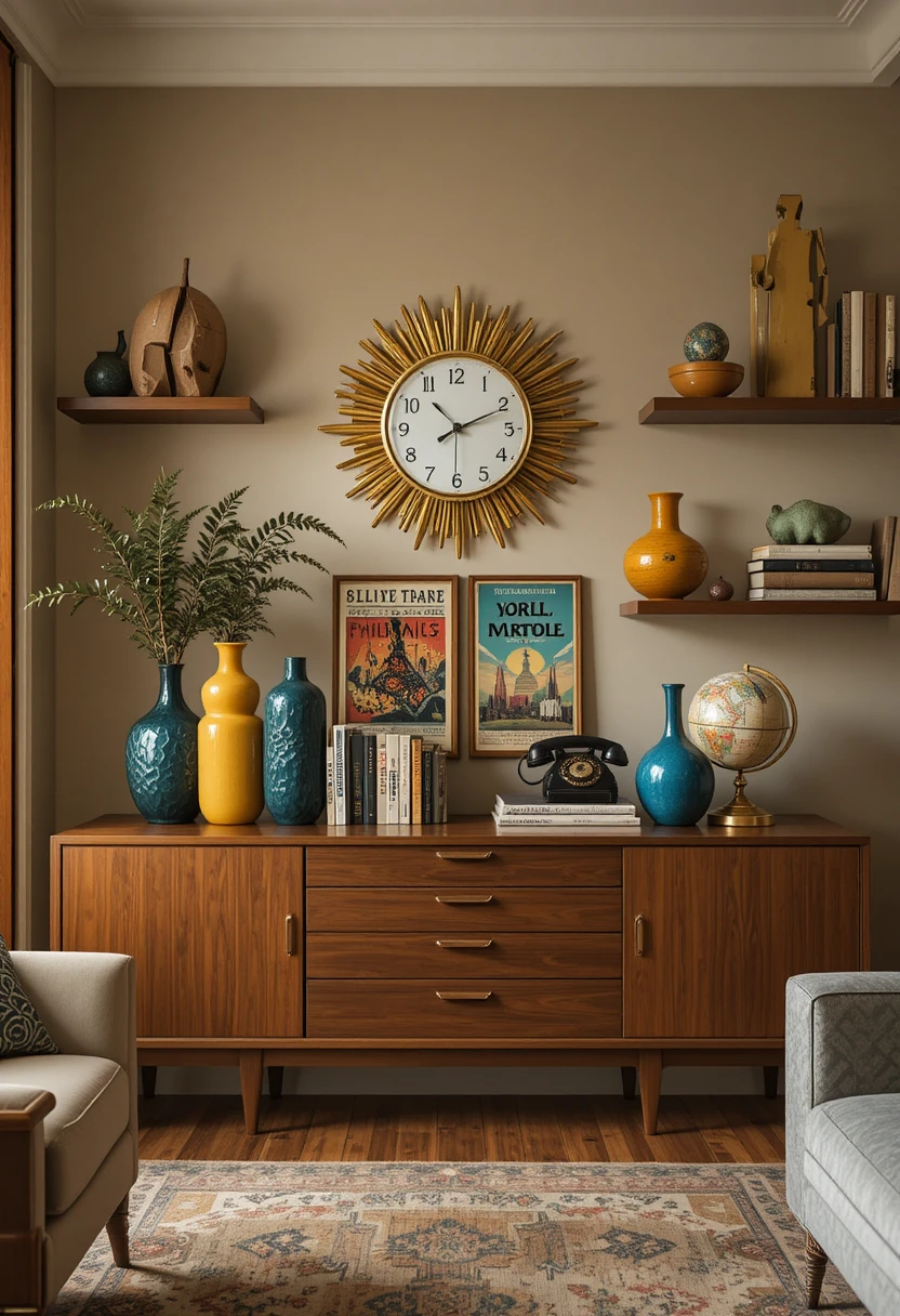 A stunning wide-angle interior photograph showcasing 18 timeless midcentury modern interior design ideas including a statement sofa with tapered legs, Eames lounge chair, Sputnik chandelier, walnut wood furniture, bold accent chairs, fiddle leaf fig plants, and vintage retro accessories for a beautifully transformed midcentury modern home.