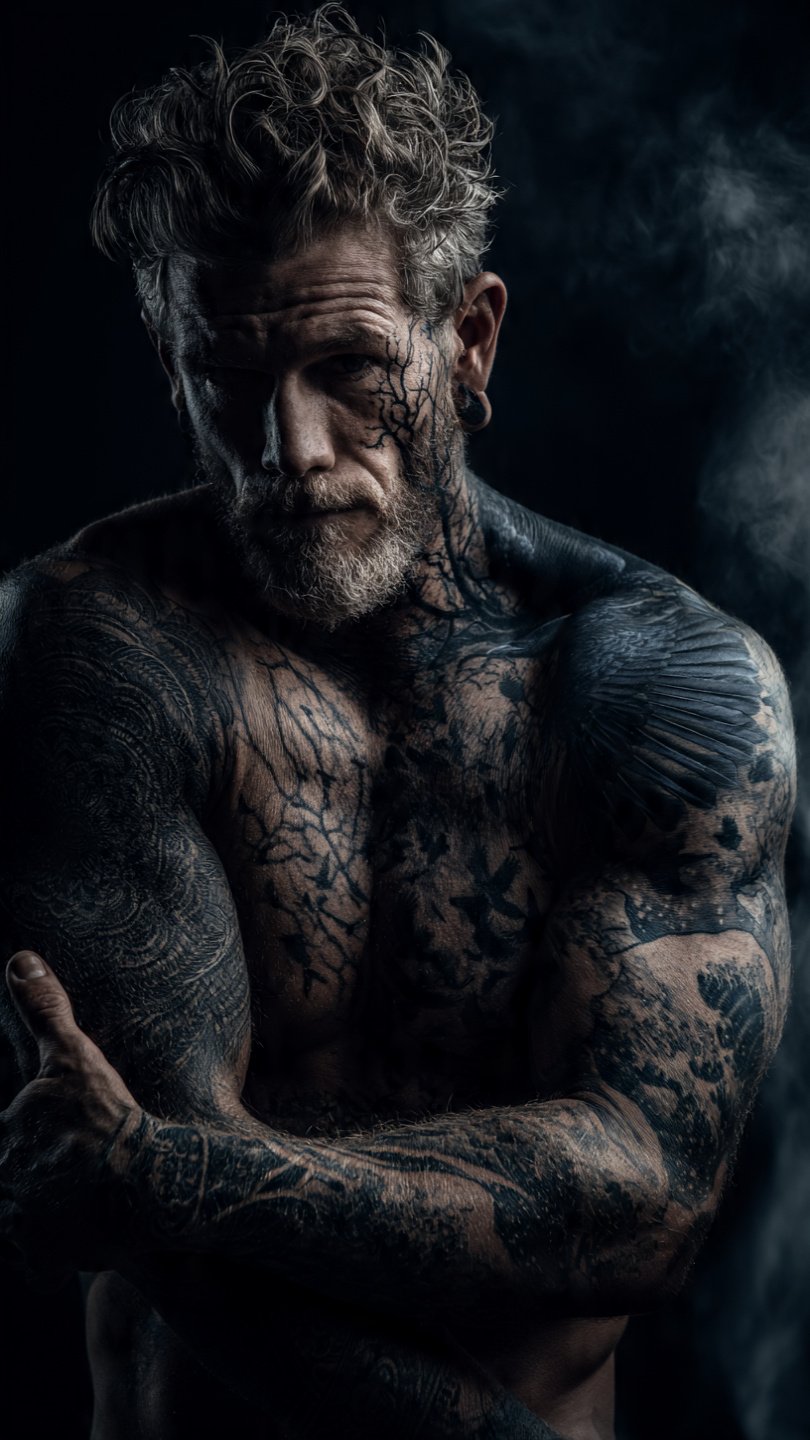 A stunning dark editorial tattoo photography portrait showcasing 23 bold and beautiful dark coverup tattoo ideas including blackwork mandalas, Japanese wave sleeves, raven feather collages, nocturnal forest canopy, obsidian geode cracks, dark crow swarms, and full blackout designs for powerful and transformative skin reclamation inspiration.