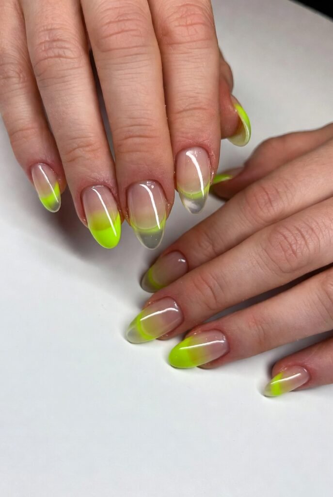 Neon Lime Green Tips on Clear Nails