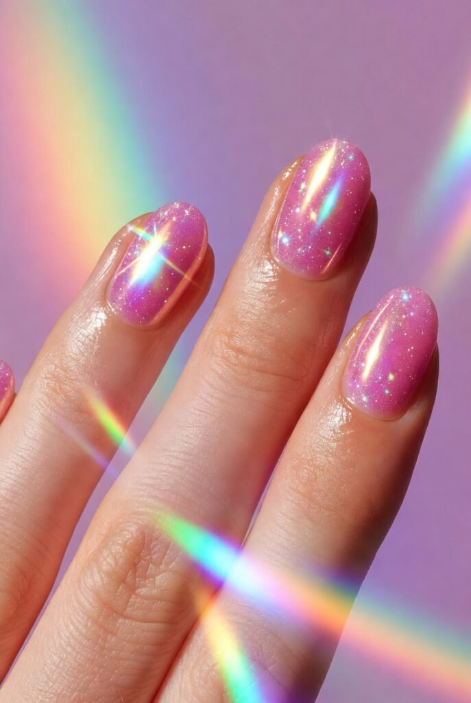 Pink Holographic Unicorn Nails