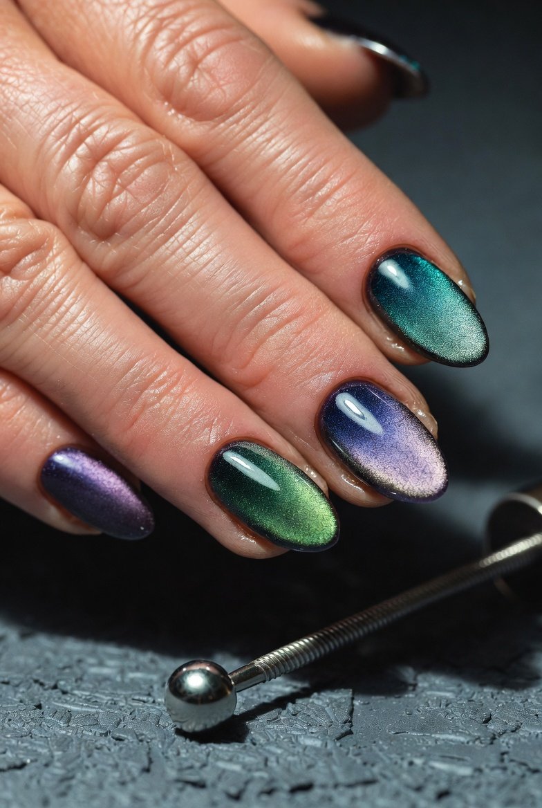 20 Cats Eye Nails Design Ideas featuring mesmerizing magnetic manicures in deep green, velvet purple, galaxy holographic, and rainbow cats eye nail art styles.