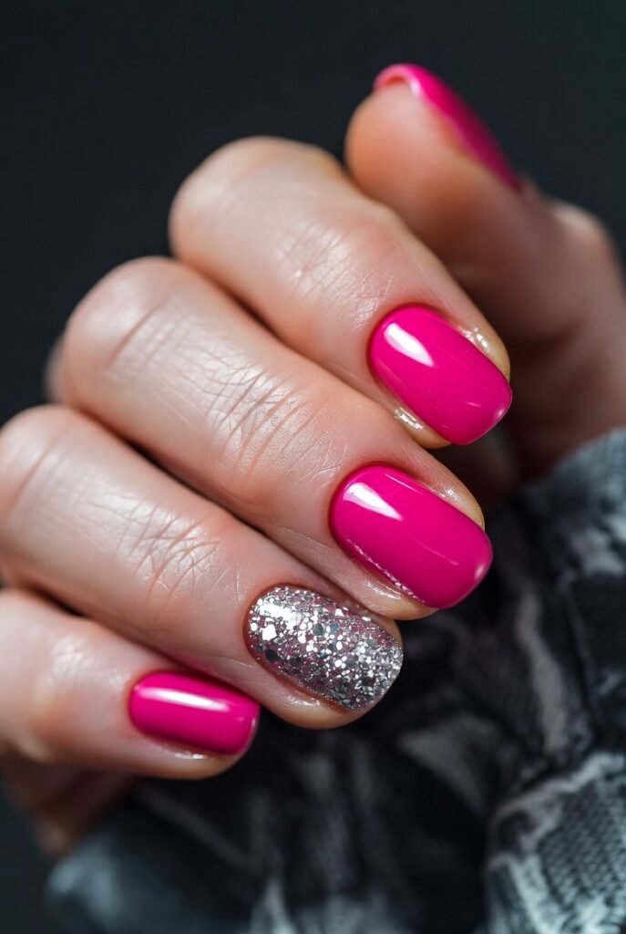Fuchsia with Silver Glitter Accent Nails
