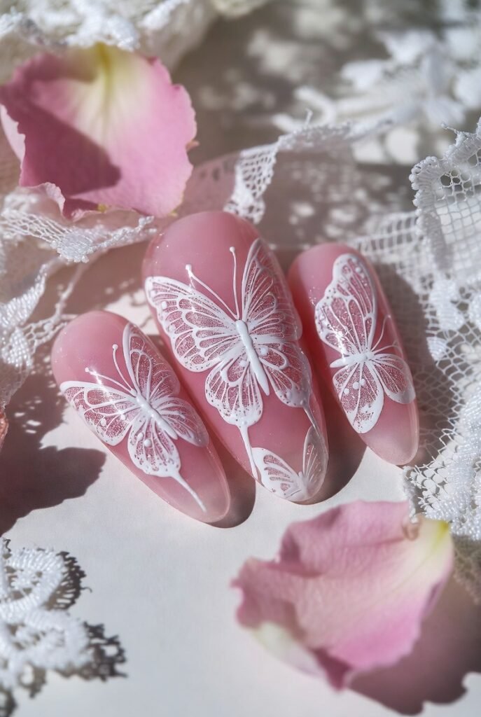 White Lace Butterflies Over Sheer Pink