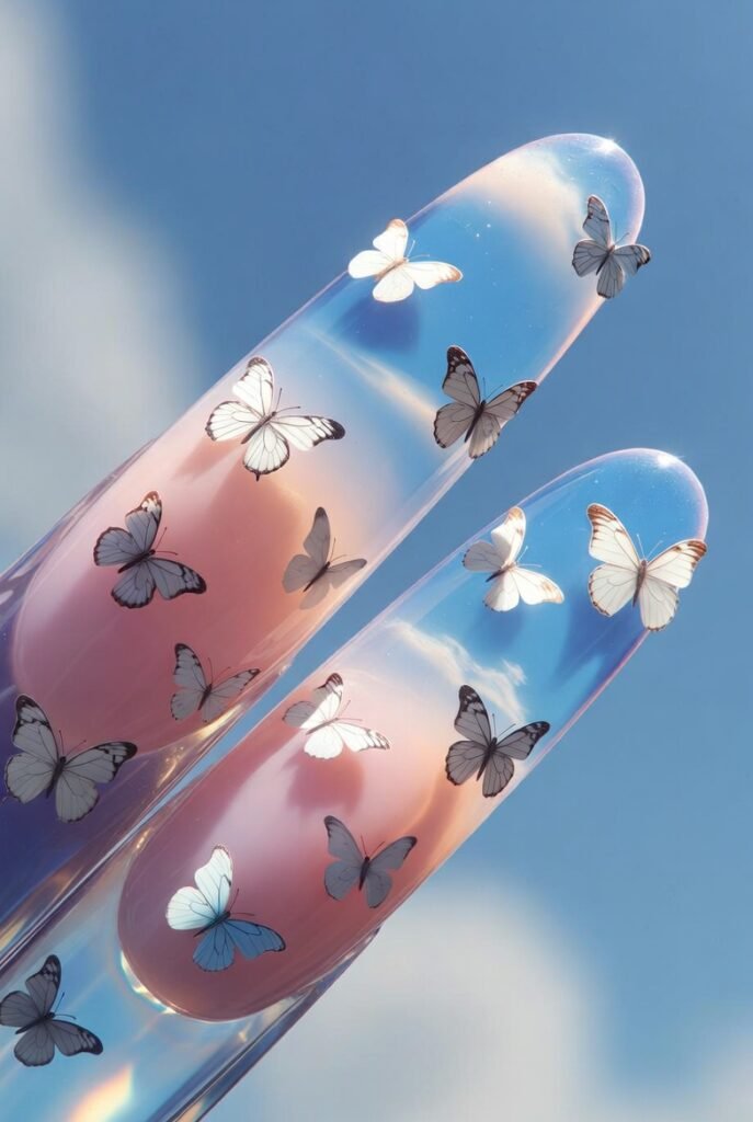 Ombré Sky Background with Flying Butterflies