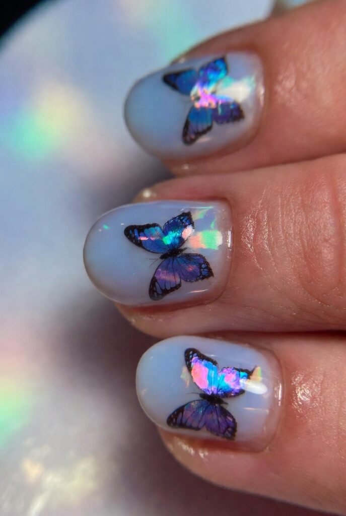 Iridescent Butterfly Decals on Baby Blue
