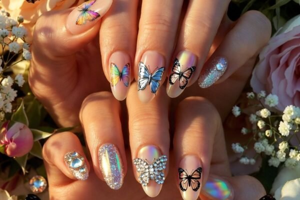 A stunning macro close-up of butterfly nail art designs featuring delicate watercolor wings, chrome silhouettes, 3D rhinestone embellishments, and holographic overlays on elegantly manicured hands, showcasing whimsical and charming manicure ideas for every style.
