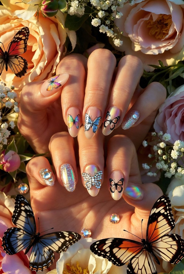 A stunning macro close-up of butterfly nail art designs featuring delicate watercolor wings, chrome silhouettes, 3D rhinestone embellishments, and holographic overlays on elegantly manicured hands, showcasing whimsical and charming manicure ideas for every style.